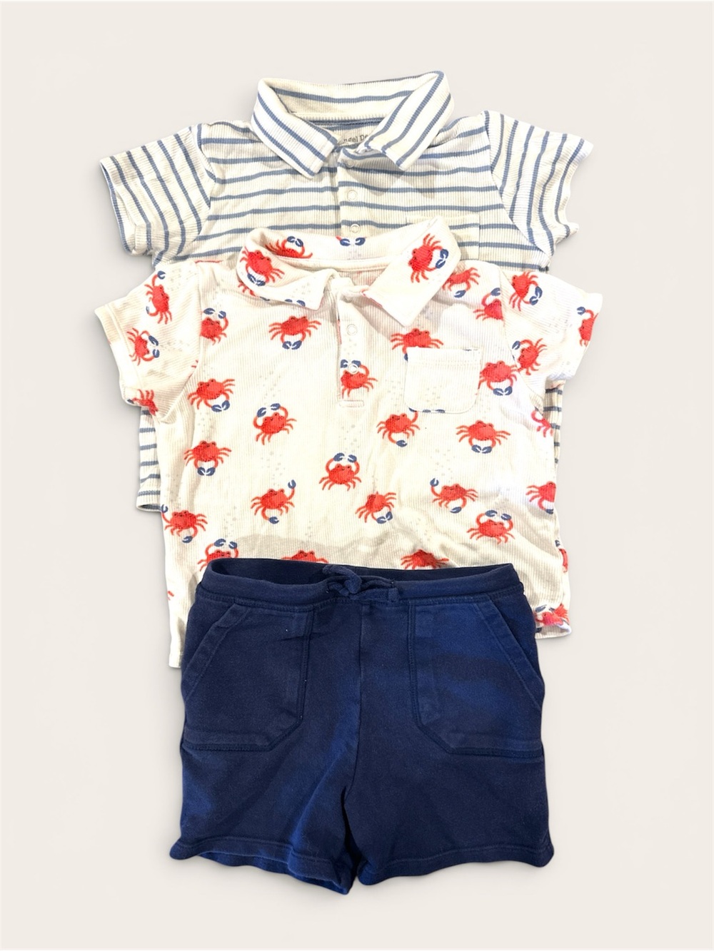 Kids White Crab Polo Shirt with Blue Stripes Polo & Navy Shorts Set